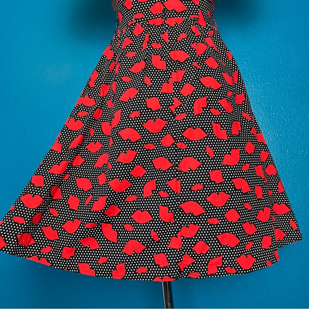 Retrolicious Retro Lips Fit & Flare Dress in Red & Black Polka Dot w/ Collar - Picture 10 of 15